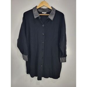 Sioni Womens 1X Black Knit Cardigan Faux Leather Collar Button Down Sweater